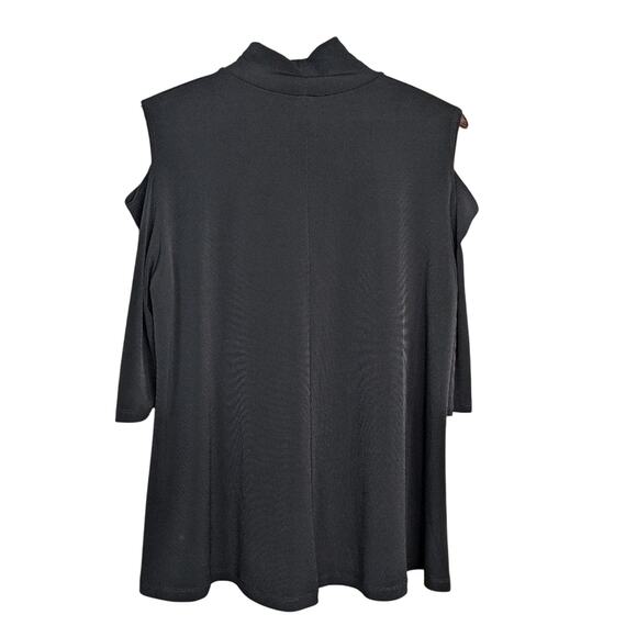 Clara Sun Woo Black Cold Shoulder Top L Mock Neck Tunic Jersey Knit Stretch - Picture 5 of 11